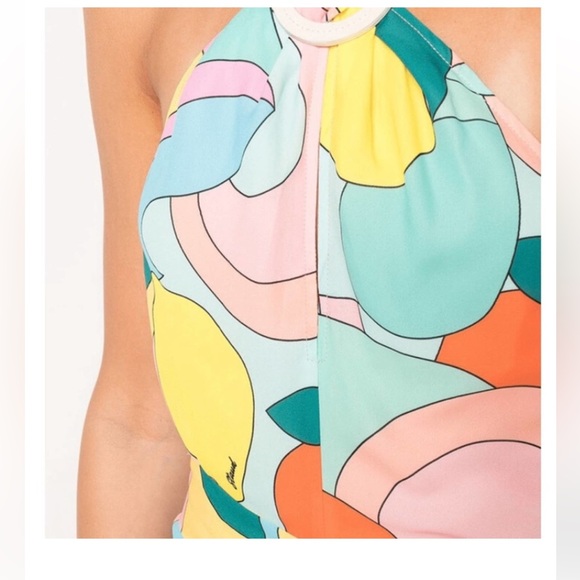 Modern Lemon-Print Dress: Staud Kai Halter Midi Dress Retro Vibe Large NEW - Picture 2 of 10